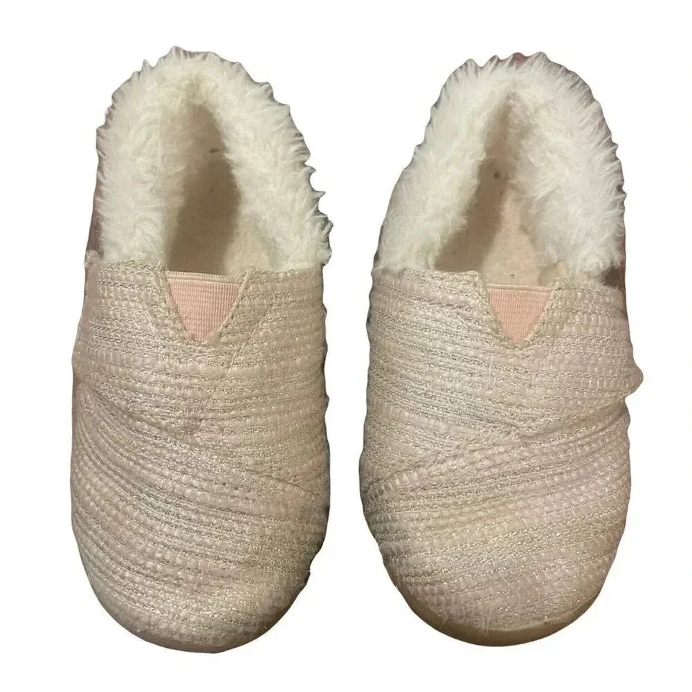 Tom's Pink & Silver Glitter Faux Fur Slippers Size 7 Toddle